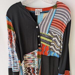 Parsley & Sage Black Multicolor Patchwork Tunic Top Lagenlook Artsy Boho M